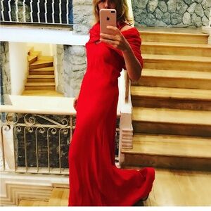 Staud XS bright red satin spaghetti strap dress